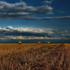 straw, Windmills, clouds, stubble