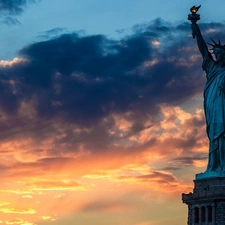 freedom, statue, clouds, Przebijające, luminosity, USA, sun, flash, ligh