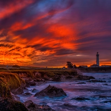 rocks, Lighthouse, west, maritime, Coast, clouds, sun