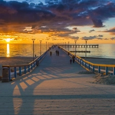 lanterns, pier, west, People, sea, clouds, sun