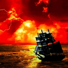clouds, sailing vessel, sun, water, west, Storm