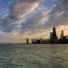 clouds, sea, Town