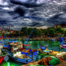 clouds, Turkey, motorboat, Cutters, port