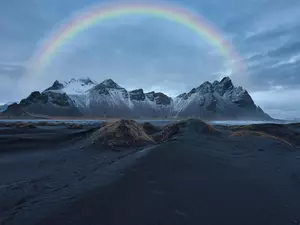 Stokksnes Beach, Black, Great Rainbows, Sand, clouds, Vestrahorn mountain, iceland, Mountains