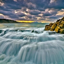 water, Black, clouds, rocks