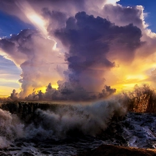 clouds, sea, Waves