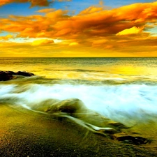 clouds, sea, Waves