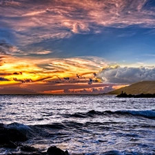 clouds, sea, Waves