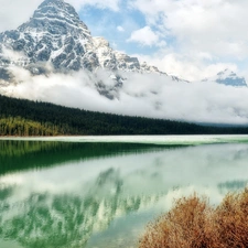 clouds, winter, Mountains, woods, River