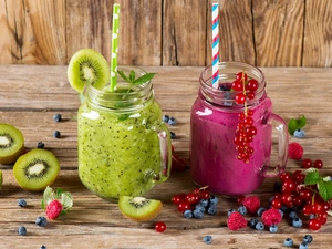 cocktails, Two cars, straws, Fruits, blueberries, Jars, currants, raspberries, kiwi