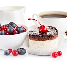 cake, blueberries, coffee, cherries