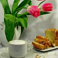 jug, cake, coffee, Tulips