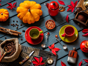 coffee, mill, grains, Spoons, autumn, composition, Leaf, pumpkin, cups