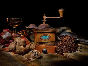 nuts, grains, Leaf, coffee, mill, glass, composition