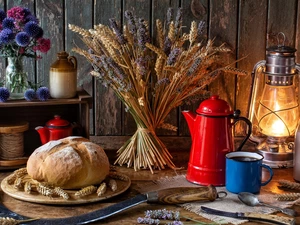 sickle, bread, oil, jug, Lamp, Ears, corn, coffee