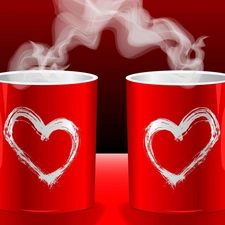 Red, hearts, coffee, cups