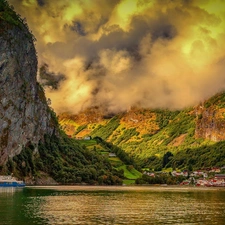 Ship, clouds, Geirangerfjord, water, Mountains, colony, Norway