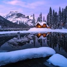 trees, Mountains, viewes, bridge, house, British Columbia, Emerald Lake, Yoho National Park, Canada, lake, Floodlit, winter