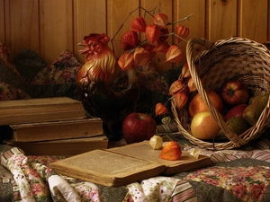 apples, autumn, basket, driers, truck concrete mixer, composition