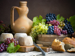 jug, composition, Cheese, bread, Grapes