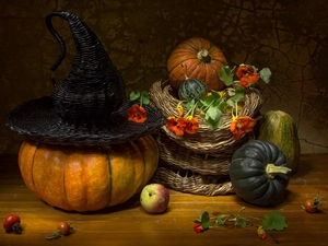 Cage, composition, Hat, Flowers, pumpkin