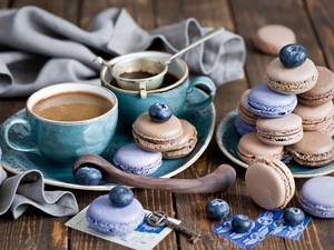 coffee, cookies, blueberries, composition, cups, Macaroons