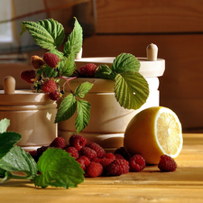 Lemon, twig, Containers, composition, wood, raspberries