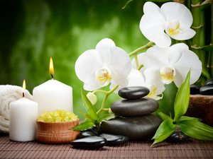 Spa, orchids, salt, composition, Flowers, Stones, Candles