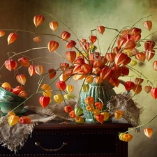 Candle, composition, Vase, table, Tomatillo