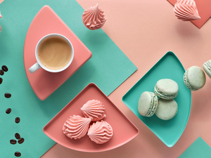 Macaroons, cup, color, Cookies, coffee, meringues, background