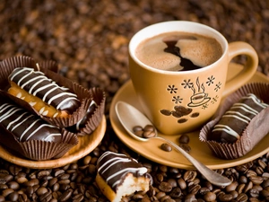 teaspoon, cup, coffee, cookies, grains, plate