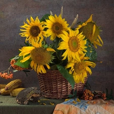 basket, Nice sunflowers, corn, wicker