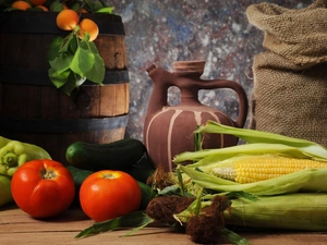 composition, tomatoes, cucumbers, corn
