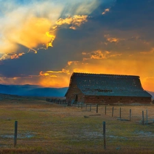 cote, farm, Przebijające, sun, clouds