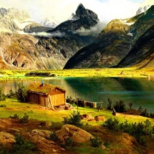 Cottage, Mountains, lake