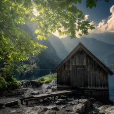 Platform, Mountains, Lake Koenigssee, trees, viewes, Germany, Bavaria, cottage, Wooden, Berchtesgaden National Park, trees