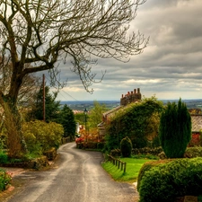 country, England, clouds, Houses, Way