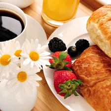 croissants, coffee, Fruits