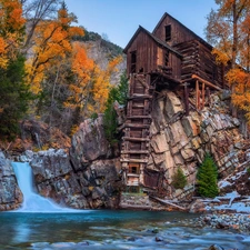 Crystal Mill, Windmill, Crystal River, rocks, Colorado, The United States, viewes, autumn, trees