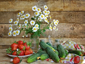 cucumbers, chamomile, strawberries