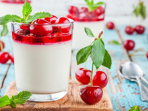dessert, cup, cherries, Panna cotta