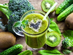 cup, cocktail, green ones, Fruits, Fruits, kiwi, broccoli, cucumbers, vegetables