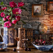 Bouquet of Flowers, composition, Hollyhocks, jug, cup, mill, Lamp, cherries, picture