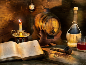 Watch, barrel, pipe, Wine, Book, candle, composition, cup