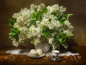 White, without, tablecloth, Vase, cookies, bouquet, Flowers, cup