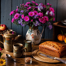 pumpkin, basket, Bouquet of Flowers, jug, Astra, composition, apples, cups, cake, candle