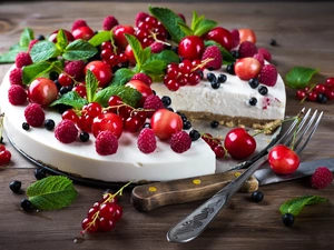Fruits, cherries, fork, raspberries, knife, cheesecake, cake, currants
