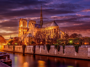 Paris, France, River Seine, Night, Cathedral Notre Dame
