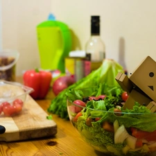 cardboard, salad, Danbo, alien