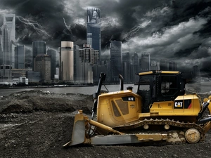 Town, bulldozer, tracks, dark